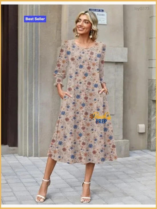 Floral Midi Dress with Pockets 3/4 Sleeve Casual Summer Dress - Picture 4 of 7